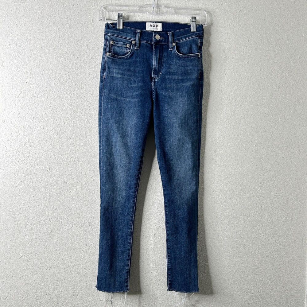 AGOLDE Sophie Crop High Rise Skinny Jeans 24 Blue Raw Hem Clean Girl Casual Chic